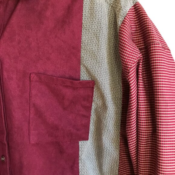 Upcycled Patchwork Shirt, Size L-XL: Mixed Print Button-Down Reworked Blouse - Picture 4 of 10